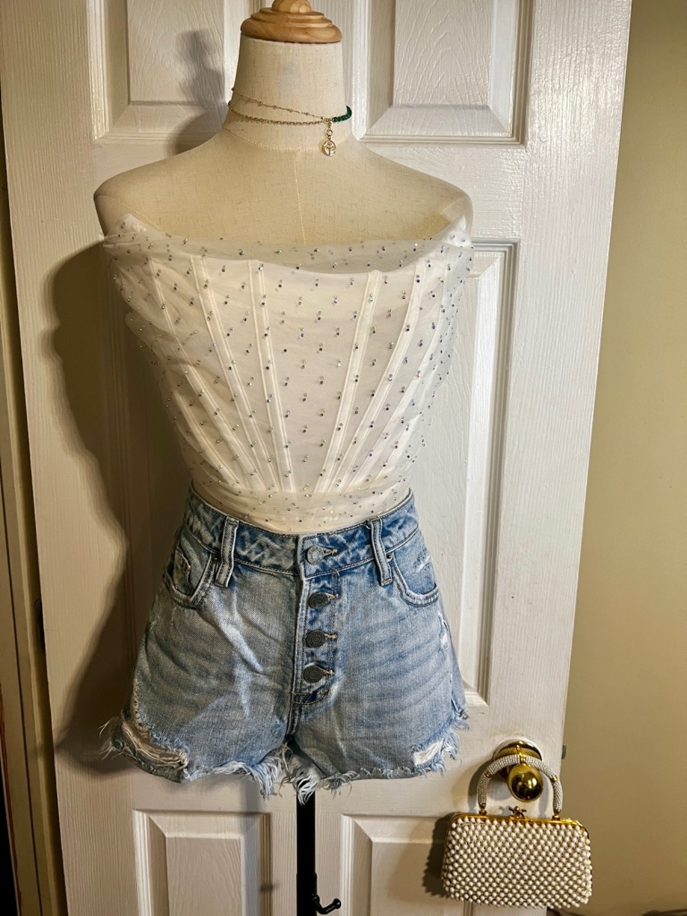 New Fashion Nova Draped‎ In Rhinestones Corset Crop Bling Glam Festival Top M - Picture 3 of 11